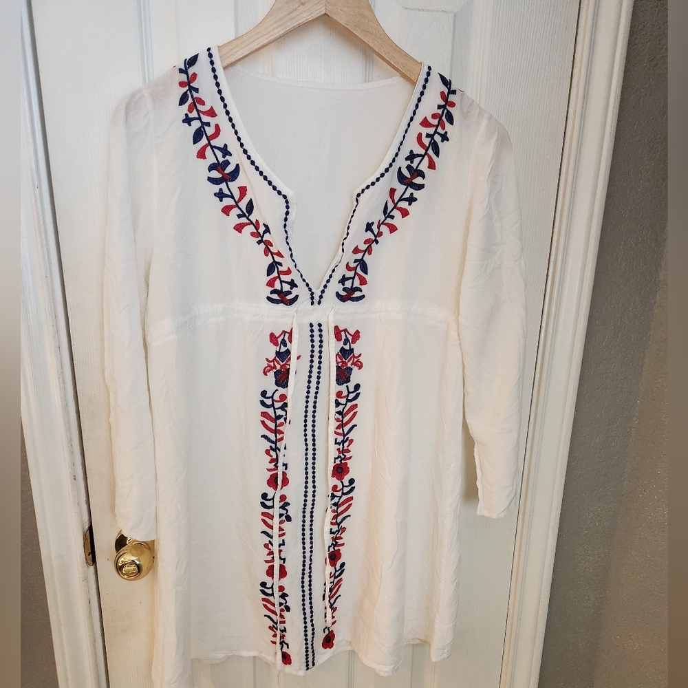 White Embroidered Tunic with Red and Blue Accents Swimsuit Coverup - Picture 4 of 4